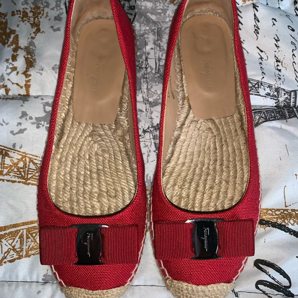 Ferragamo Red Espadrille Flats with Bow